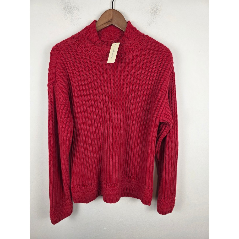 LL Bean Signature Organic Cotton Rib Mock Neck Sweater Royal Red M 523769